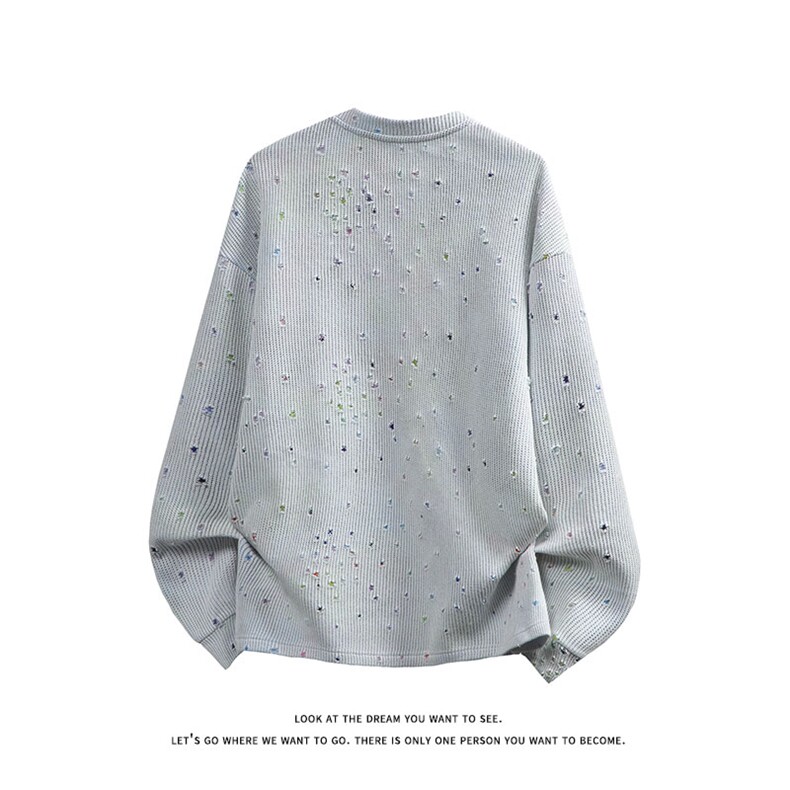 彩色星星提花破洞圆领卫衣男女设计感美式长袖t恤W4682-特价P50,男装T恤,电商A007