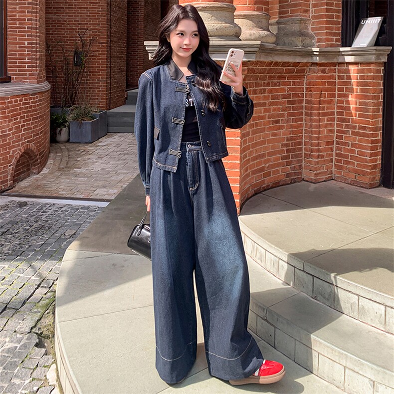 港风复古盘扣蓝色牛仔上衣阔腿裤套装女秋2025新款又a又飒两件套,女装套装/套裙,浙宝305