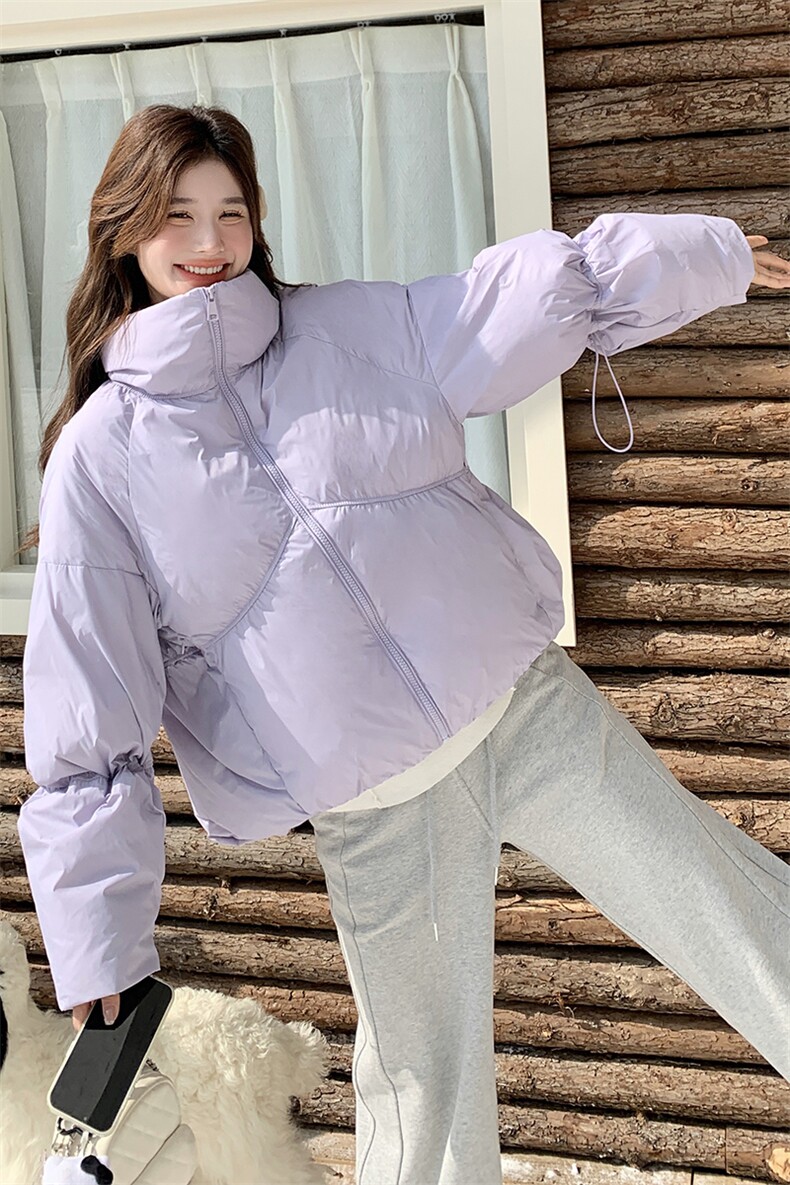 设计感紫色短款羽绒服女2024冬季新款小个子面包服白鸭绒加厚外套,女装羽绒服,红龙果