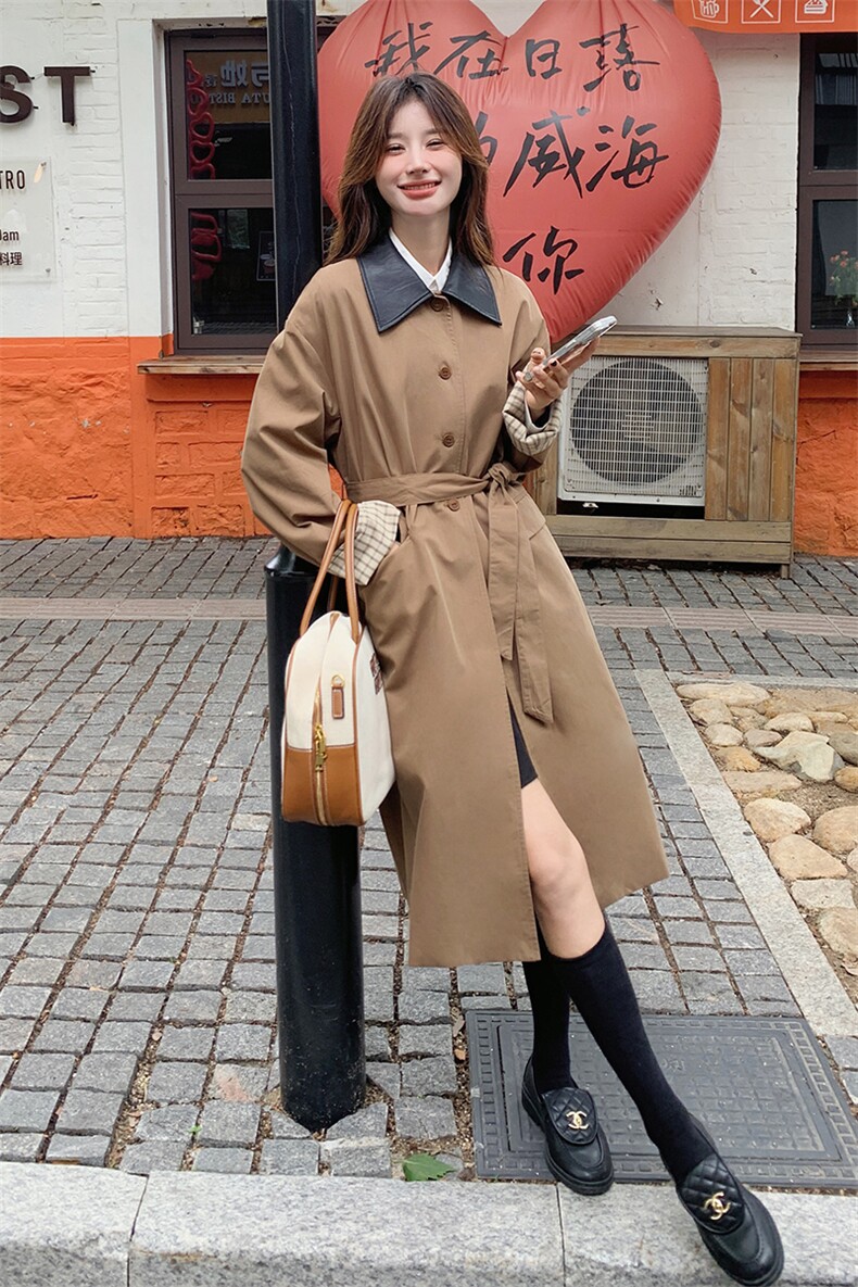 卡其色中长款翻领风衣外套女2024春秋新款小个子高级感英伦风大衣,女装风衣,蝶眷