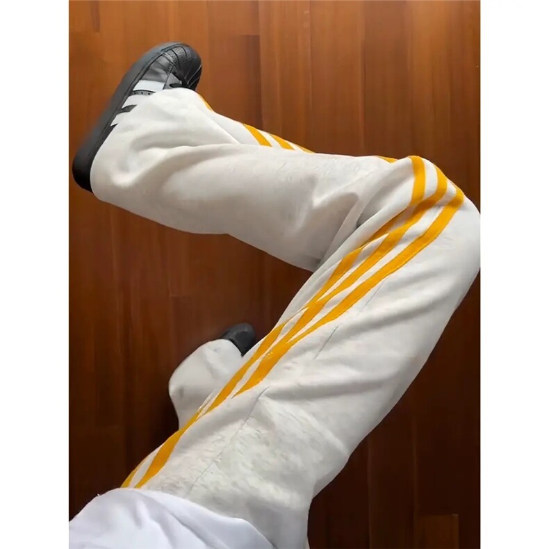 藏青色条纹弯刀男款秋季美式三条杠学生校服裤子直筒微喇运动长裤图片