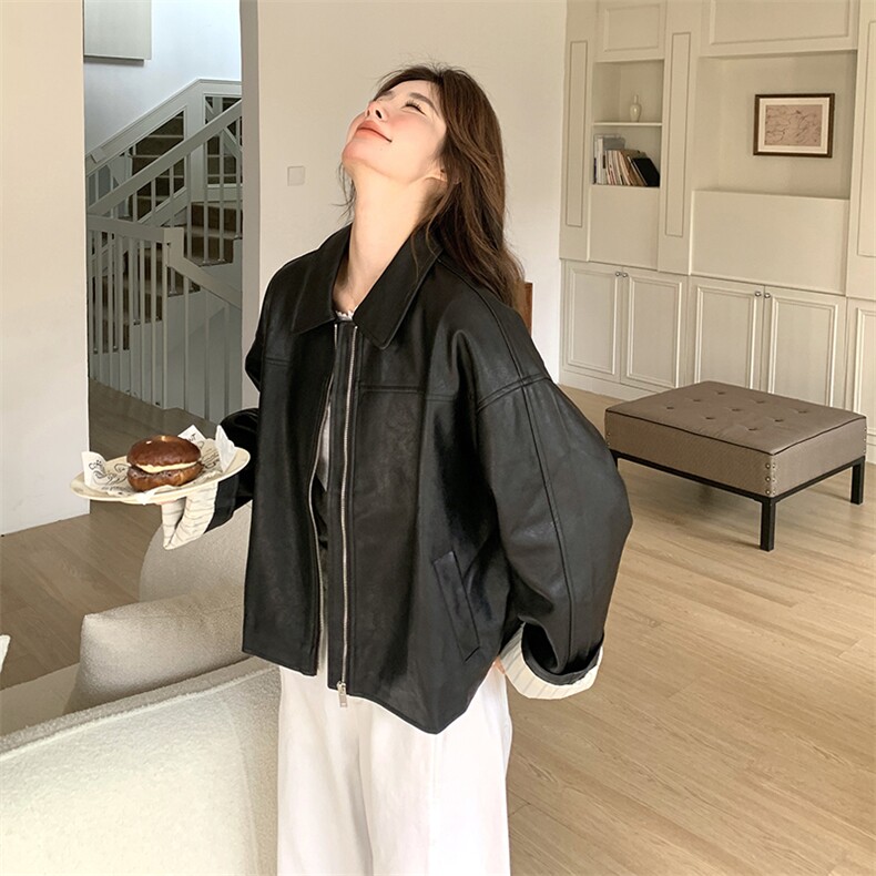 黑色复古短款皮衣外套女2025春季新款高级感休闲翻领pu皮夹克上衣,女装皮衣,2C176