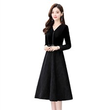2021春季新款时尚优雅气质丝绒收腰修身连衣裙，女装连衣裙，魅丽静蓝