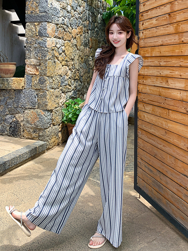 少女风休闲条纹上衣阔腿裤套装女夏2025新款爆款高级感绝美两件套,女装套装/套裙,浙宝276（原081）
