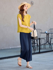 2026新款天丝苎麻短袖夏季女圆领黄衬衫两件套时尚休闲九分裤套装，女装衬衫，梦懿尔