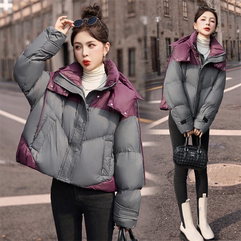 时尚撞色短款羽绒服女2024冬季新款加厚连帽保暖白鸭绒面包服外套图片
