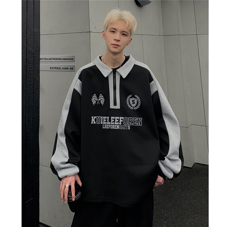秋季新款美式重磅撞色拼接pol0立领卫衣情侣长袖外套W83-P58,男装卫衣,电商C307