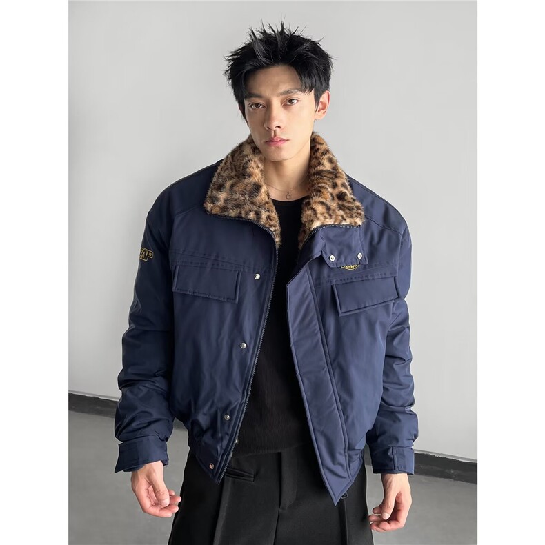 2025秋冬美式复古防水小牛津面料豹纹毛夹棉棉衣外套飞行宽松夹克，男装夹克，星座506A