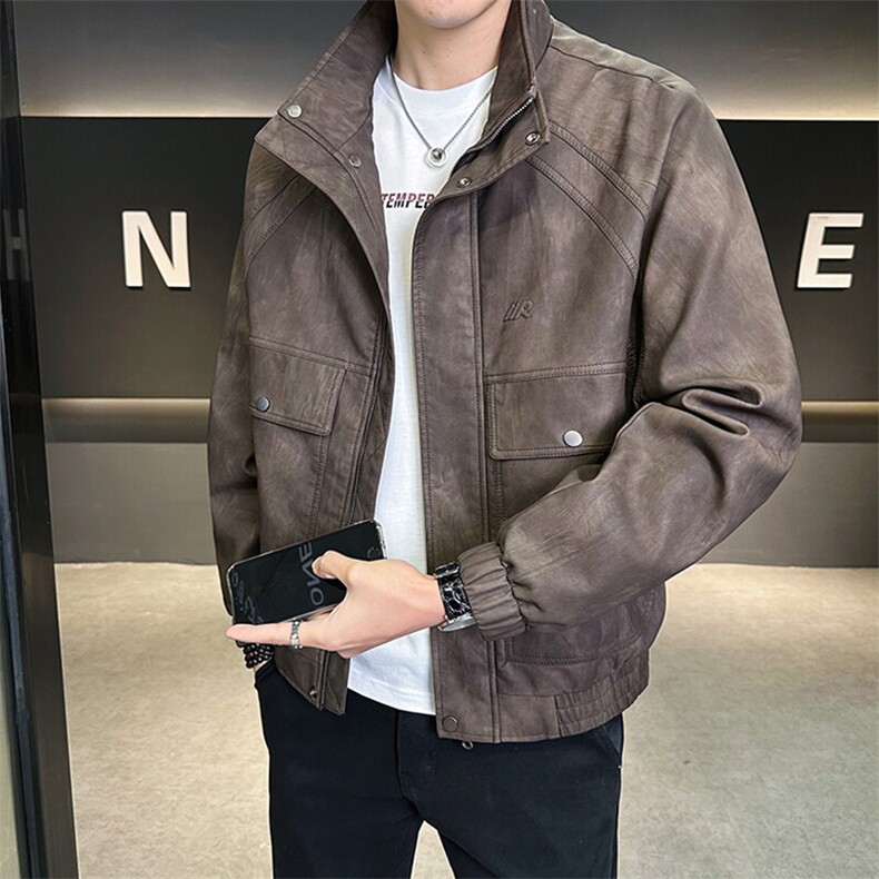 美式潮牌复古皮夹克春季2025新款皮衣外套A313-883-P155控价198,男装皮衣,电商A313