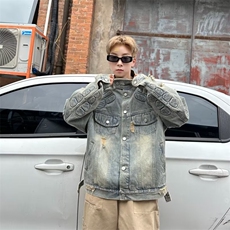 高街美式设计感破洞定制机车牛仔外套盔甲男女情侣款夹克JK829，男装夹克，星座1116A-1（原606A）