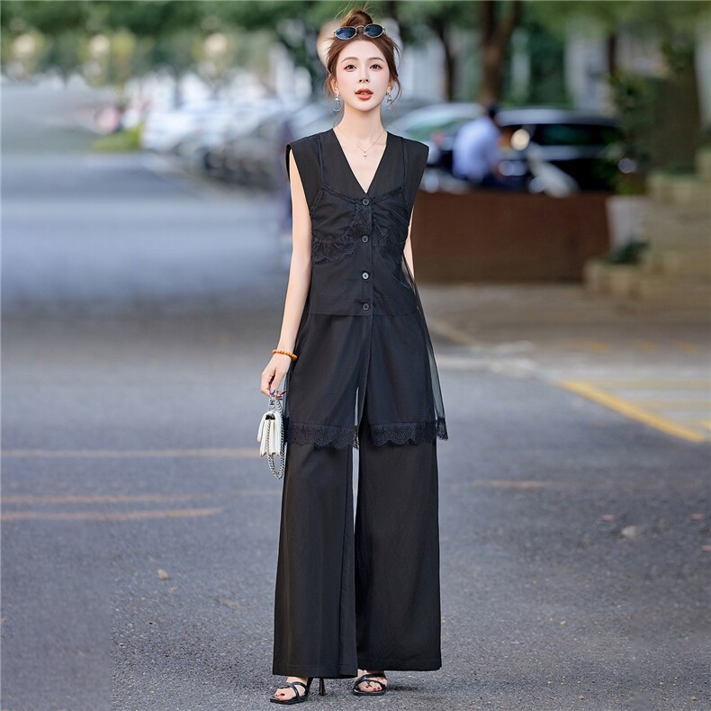 时尚气质套装女2025夏季新款设计感网纱拼接V领马甲阔腿裤两件套,女装套装/套裙,尚娜萱