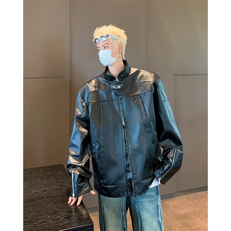 短款皮衣外套男款春秋季美式街头宽松做旧设计感机车夹克,男装夹克,星座716-4