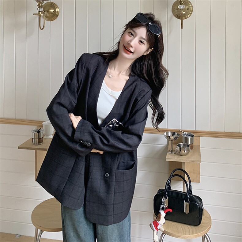 灰色V领格纹西装外套女2025春季新款高级感韩系休闲减龄小西服潮,女装西装,2C217