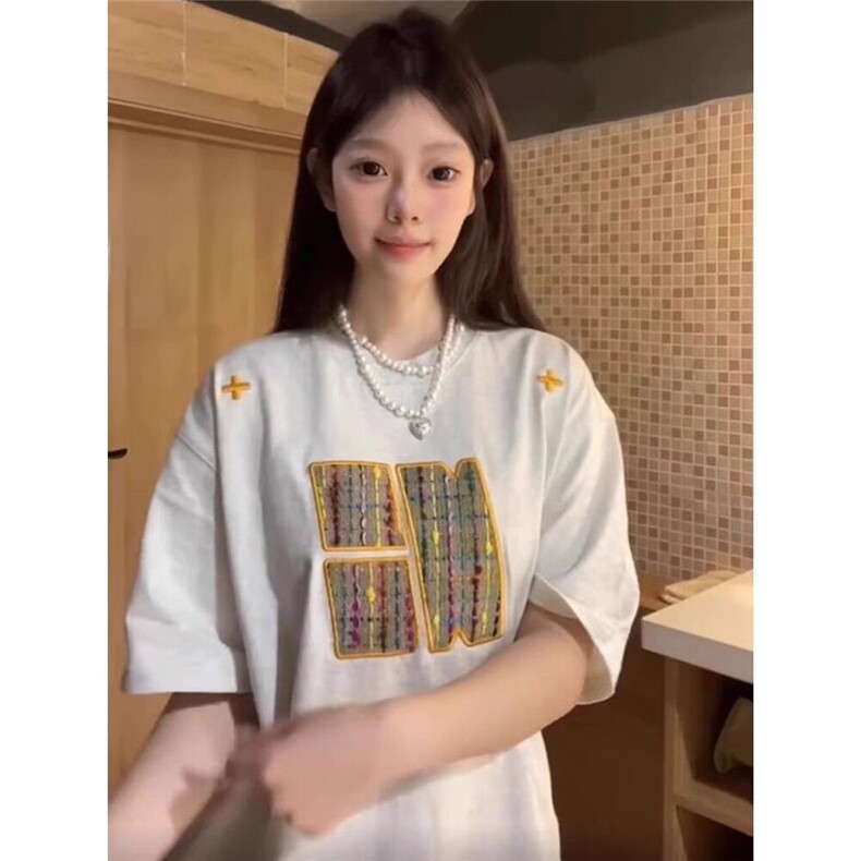 藏青色刺绣高级感情侣款重磅短袖T恤男女春夏季美式复古半袖上衣,男装T恤,星座506A