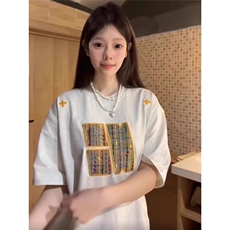 藏青色刺绣高级感情侣款重磅短袖T恤男女春夏季美式复古半袖上衣，男装T恤，星座506A