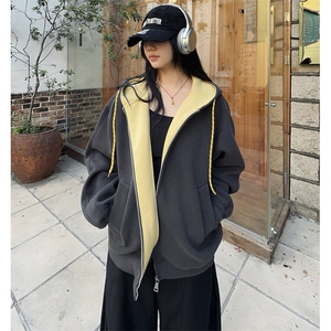 抖音得物二开美式高街重磅结构双层撞色连帽卫衣开衫外套W116