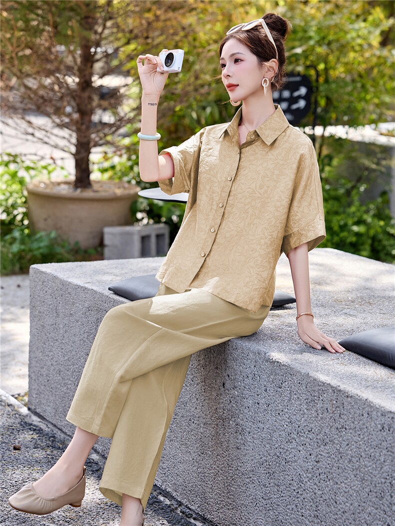 长期有货2026年夏季冰天丝时尚休闲两件套提花莱赛尔衬衫休闲裤女,女装套装/套裙,璐依舞