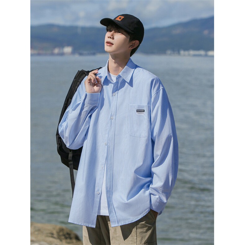 618B-1-DY09-春秋季新款条纹衬衫男女长袖日系宽松P58控79，男装衬衫，星座618B-1