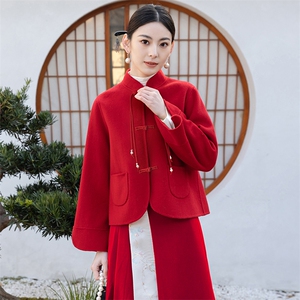 针织连帽红色羊羔毛呢外套女秋冬2025新款学院风皮毛一体呢大衣图片