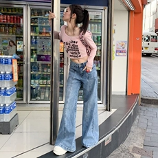 小众设计感垂感显瘦拖地长裤2025秋冬新款蓝色水洗宽松微喇牛仔裤，女装牛仔裤，星座218-8