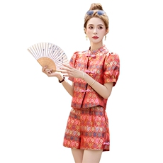 新中式国风短裤套装女夏季高级感复古提花改良旗袍上衣时尚两件套，女装套装/套裙，众宇琦