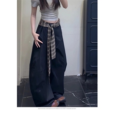 美式复古格子拼接弯刀阔腿裤女夏季新款高腰宽松显瘦休闲裤镰刀裤，女装休闲裤，星座1210-1