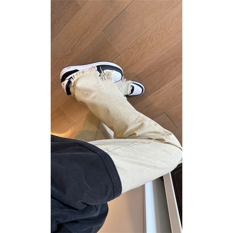 现货 黄泥美式vibe裤高街黑色破洞微喇直筒毛边牛仔裤男 K890-P55图片