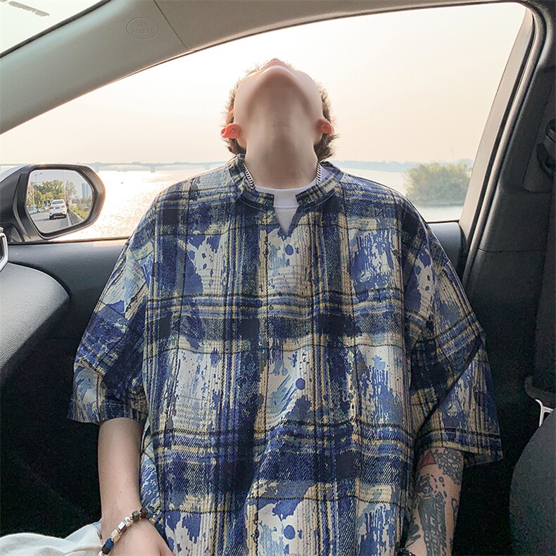 2026夏装美式扎染印花冰丝冰凉格子男五分袖T恤T5508/特P18蓝,男装T恤,电商A094