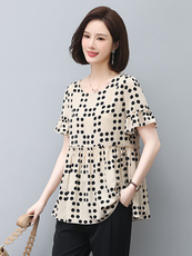 2023年春夏季宽松型圆领波点套头短袖，女装蕾丝衫/雪纺衫，依倍林