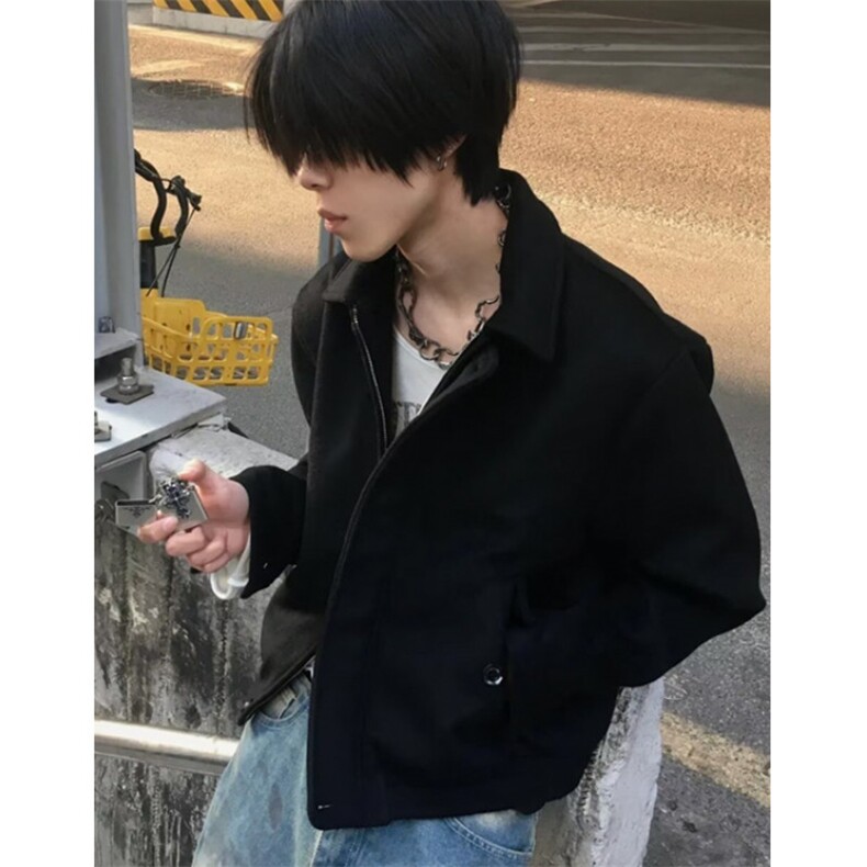 春秋ing垫肩夹克男装短款解构黑色拉链翻领外套 J3110图片