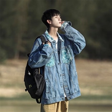 秋拼接印花牛仔外套男潮牌宽松休闲潮流百搭青年夹克上衣X326/P58，男装工装外套，星座506