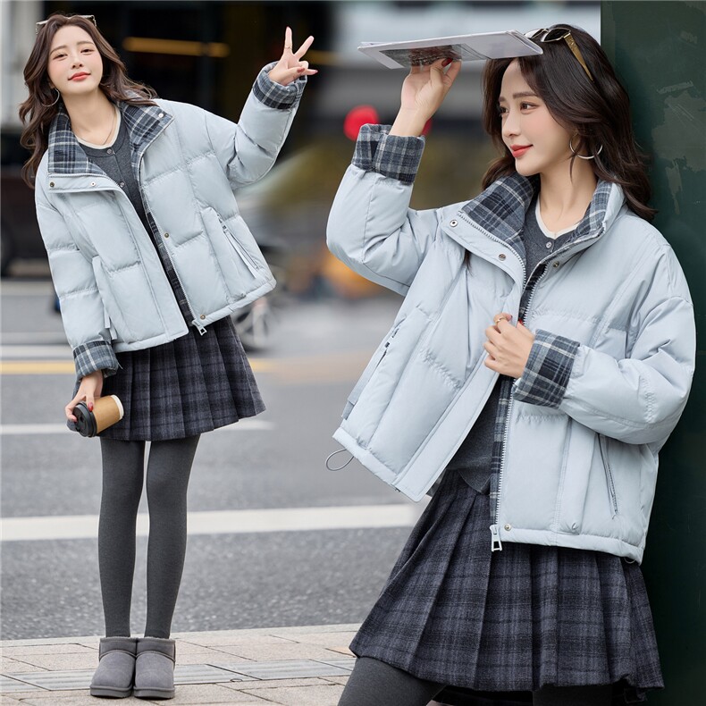 bao款现货2025冬装新款简约时尚格纹拼接立领羽绒服小个子外套，女装羽绒服，难舍钰依