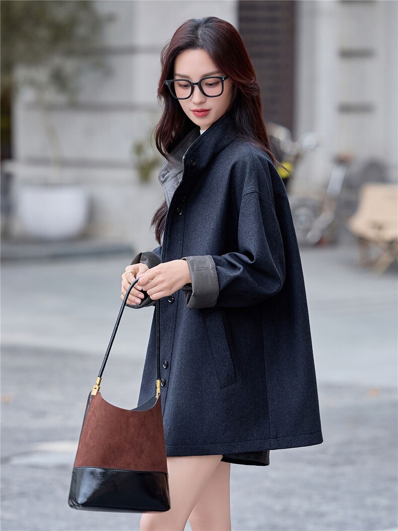 赫本风设计感灰色羊毛大衣女2025年秋冬季宽松休闲遮肚毛呢外套,女装毛呢外套,靓衣阁