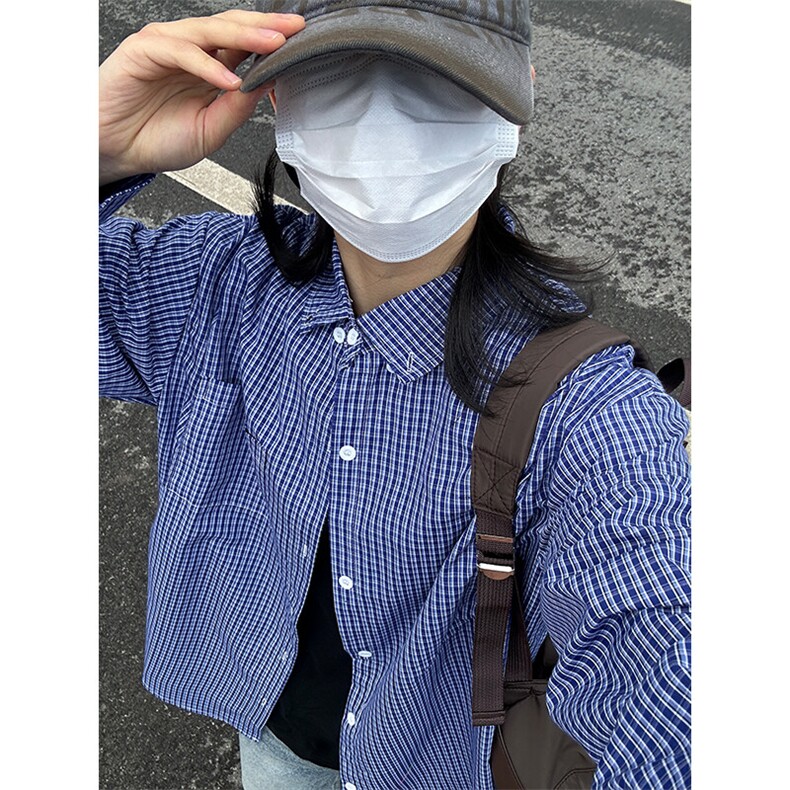 格子衬衫春夏美式蓝色格子衬衫港风情侣装休闲长袖衬衣CS276-P35,男装衬衫,星座301C-5
