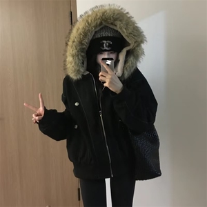 现货重磅boxy短款棉衣座山雕大毛毛领男女棉服水洗工装厚外套图片