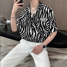 夏季新款斑马纹印花短袖衬衫男韩版小众慵懒风衬衣潮流 CS297-P55图片