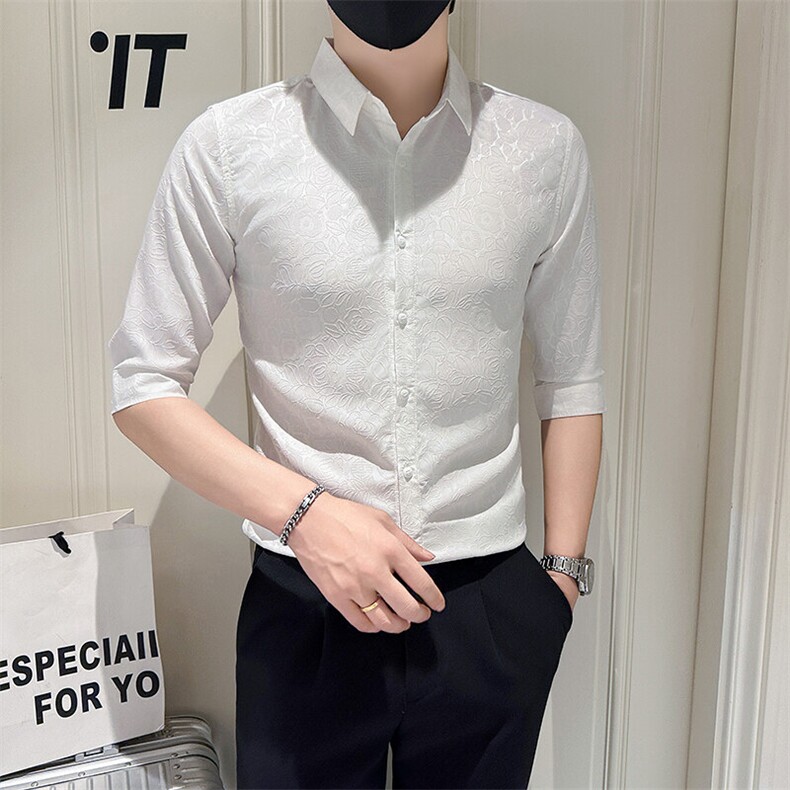 店主风社会小伙男士新款提花七分袖衬衫男衬衣301A-1/CS588/P55图片