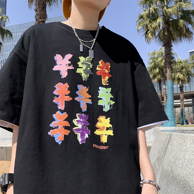 港风男士宽松大码货币符号印花男士宽松加大T恤A071-5517-P28,男装T恤,电商A071