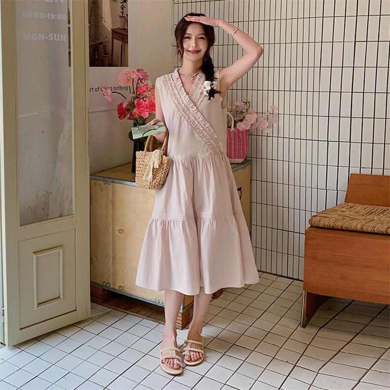 浅粉色木耳边无袖连衣裙女2025夏季新款韩系小个子甜美减龄背心裙,女装连衣裙,浙宝220