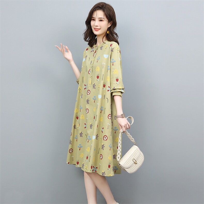 2022年春季新款韩版纯棉长袖连衣裙女中长款舒适显瘦印花裙子气质,女装连衣裙,忆绮罗