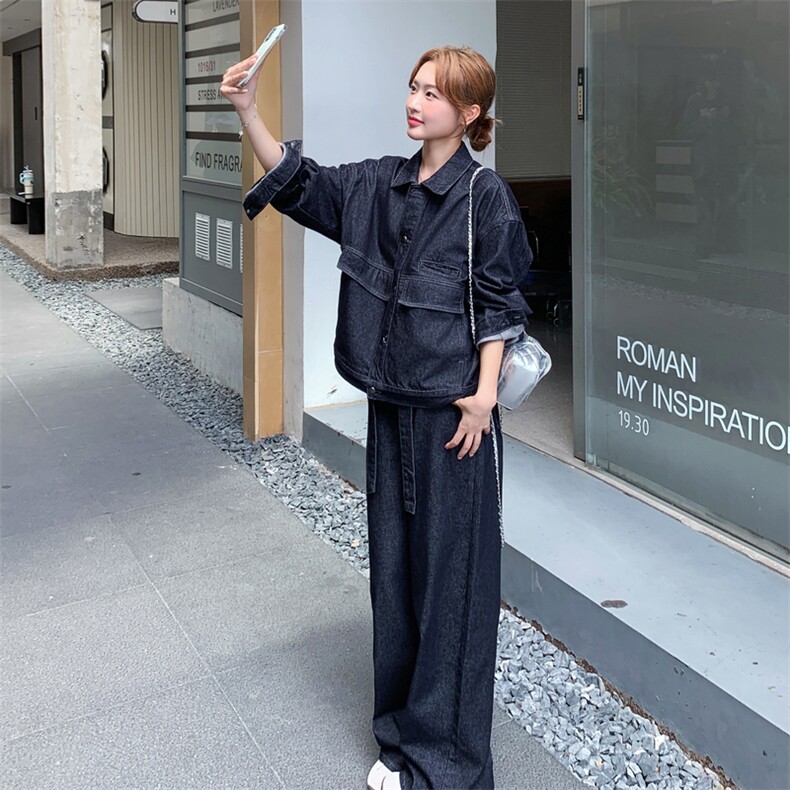 港风复古高级感休闲工装牛仔套装女秋季时髦设计盐系阔腿裤两件套,女装套装/套裙,2C112
