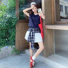 蕾丝拼接藏青色格子连衣裙女夏2025新款学院风少女感俏皮减龄爆款，女装连衣裙，2C058