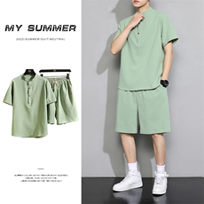 夏立领复古风潮短袖套装休闲纯色棉麻亚麻韩版两件套TZ999-P45，男装休闲套装，电商A128