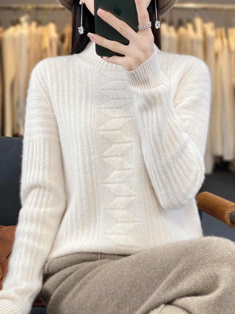 加厚半高领羊毛衫女秋冬新款针织衫宽松时尚提花羊绒衫毛衣打底,针织衫/毛衣,暖绒情旗舰店