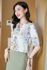 v领真丝衬衫女短袖夏季2025新款宽松大码印花桑蚕丝上衣中年妈妈，女装衬衫，阿舍尔精品