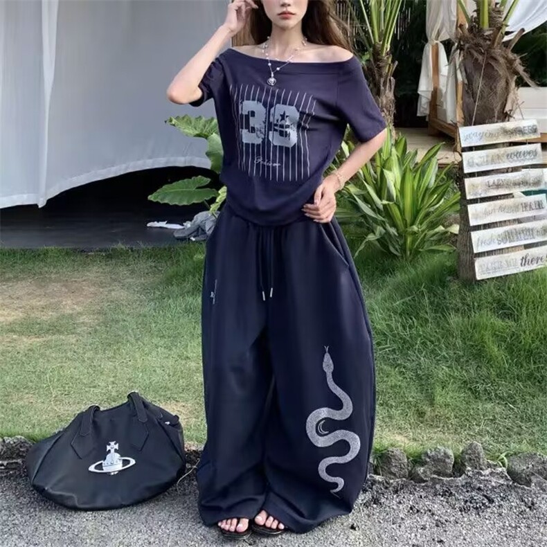 美式街头阔腿裤女嘻哈宽松运动休闲运动裤爵士伞兵裤LA80499-P40,女装休闲裤,星座1008