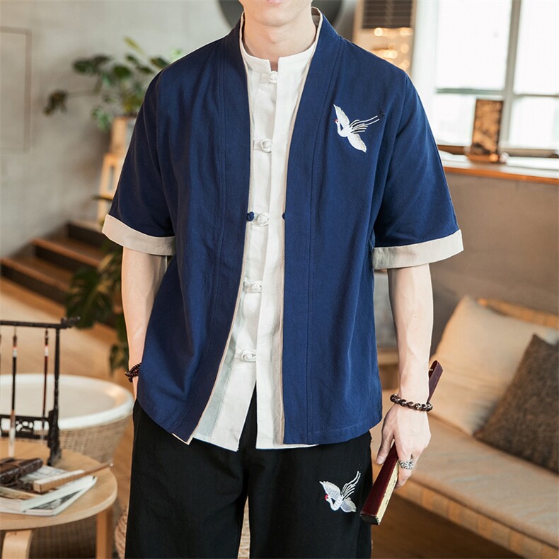 风外套五分袖男唐装盘扣开衫道袍和服宽松夹克茶服 M130 P35图片