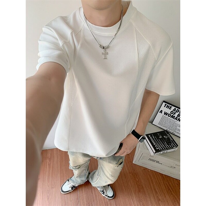 白色拼接正肩短袖男夏季男生酷帅重磅硬挺小领口t恤YW133P37,男装T恤,星座1013-1