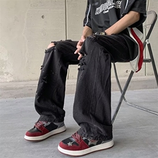 破洞微喇叭黑色牛仔裤男潮牌高街直筒显瘦宽松裤子设计感7064/P42，男装牛仔裤，星座506