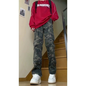 美式复古迷彩裤男款秋冬ootd穿搭解构裤子伐木工装牛仔裤 KG831图片